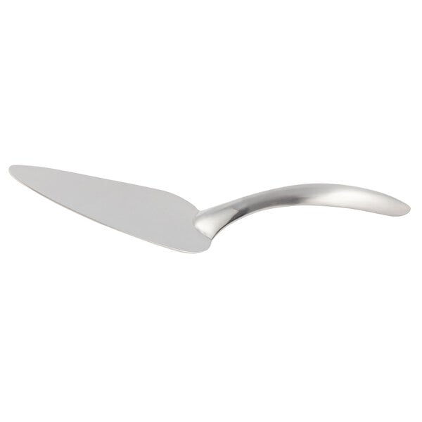 A silver cake server with a black handle.