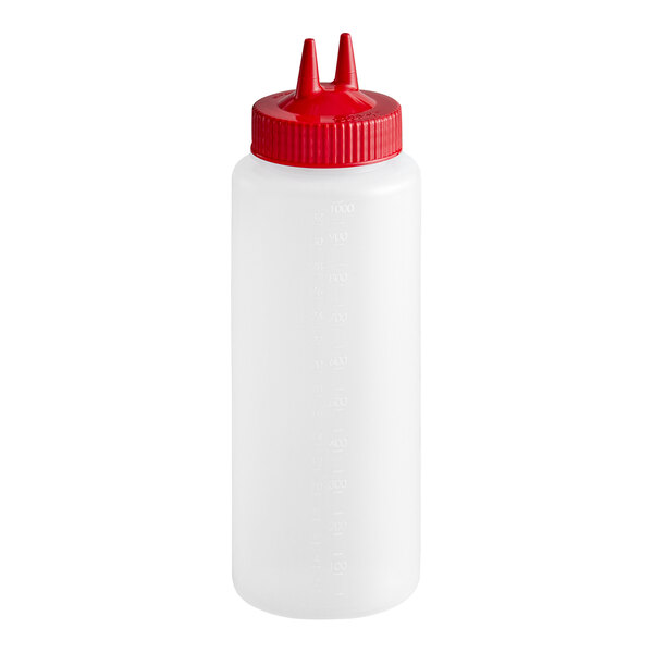 Vollrath Traex® Color-Mate™ 32 oz. Clear Twin Tip™ Wide Mouth Squeeze Bottle with Red Cap