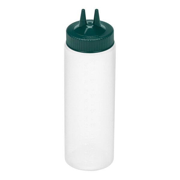 A clear plastic squeeze bottle with a wide mouth and a green cap featuring two pointed dispensing tips.