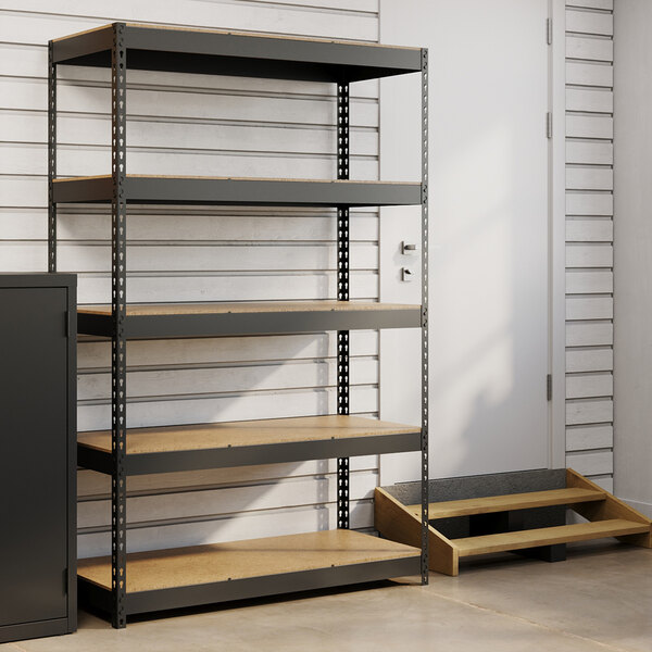 Hirsh 17313 48" x 18" x 72" Black Heavy-Duty Five-Shelf Boltless Shelving Unit with Particleboard Decking