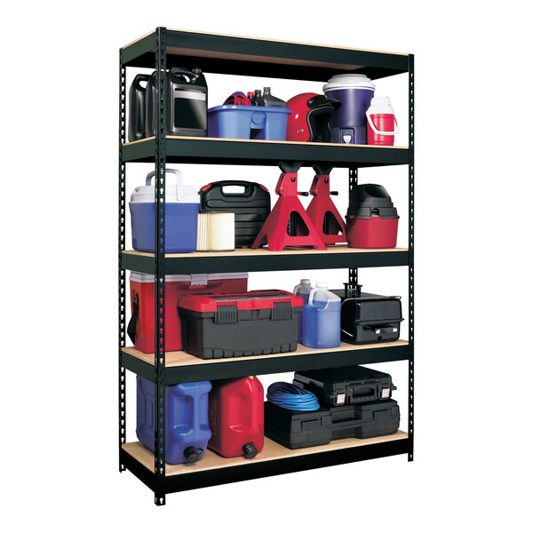 Hirsh 17313 48" x 18" x 72" Black Heavy-Duty Five-Shelf Boltless Shelving Unit with Particleboard Decking
