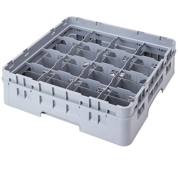 A grey plastic Cambro cup rack with 16 compartments.