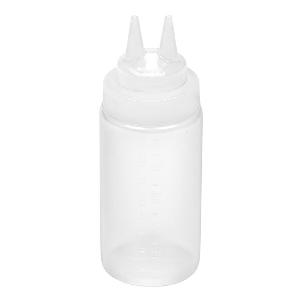 A clear plastic squeeze bottle with a wide mouth and a cap featuring two pointed dispensing tips.
