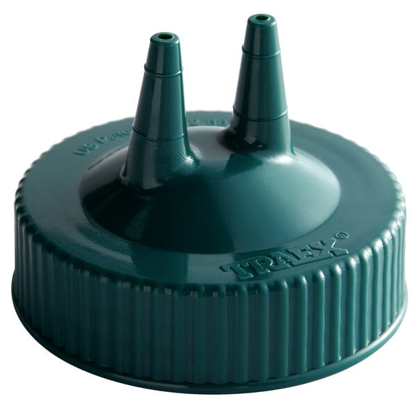 A Vollrath Traex Vista Green plastic lid with two pointy tops.