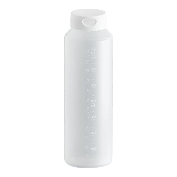A clear 24 oz. plastic squeeze bottle with a white Flowcut cap and measurement markings on the side.