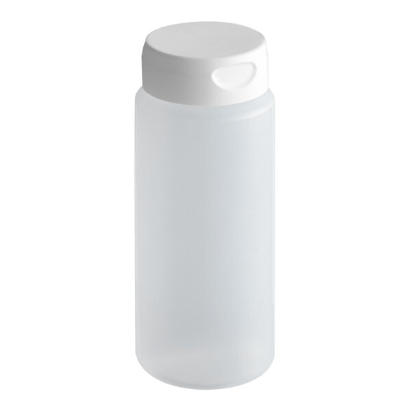 A clear 12 oz. plastic squeeze bottle with a white Flowcut cap.