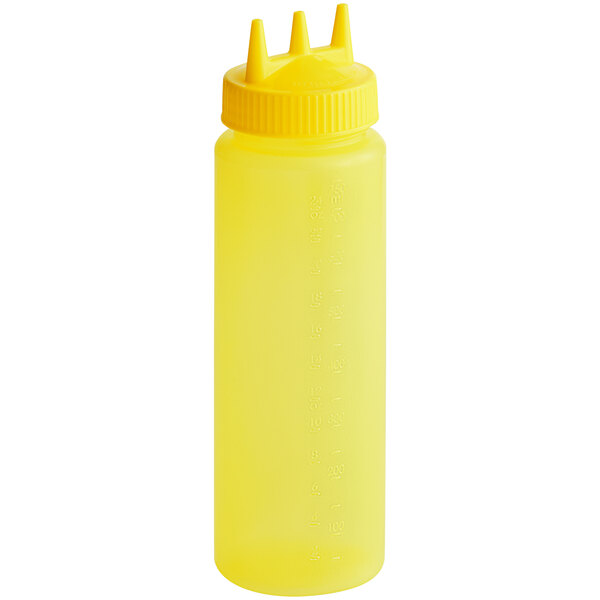 A yellow plastic Vollrath Tri Tip Squeeze Bottle with a yellow cap.