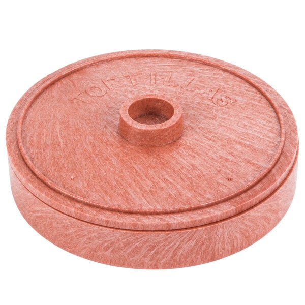A red circular HS Inc. polyethylene tortilla server lid with a hole in it.