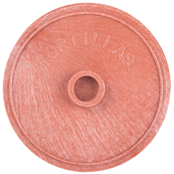 A red polyethylene circular tortilla server with the word "tortillas" on it.