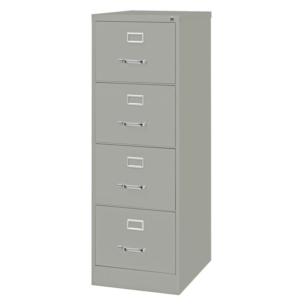 A gray Hirsh Industries filing cabinet with four drawers.