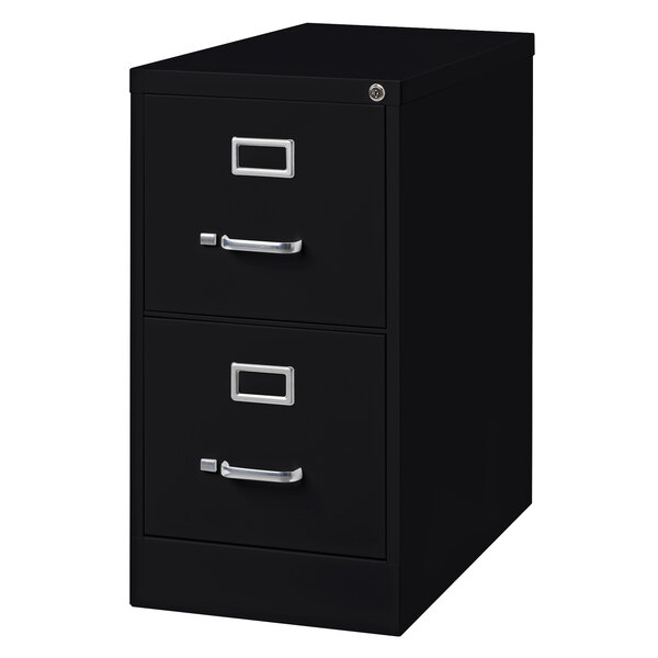 A black Hirsh Industries two-drawer vertical letter file cabinet with silver handles.