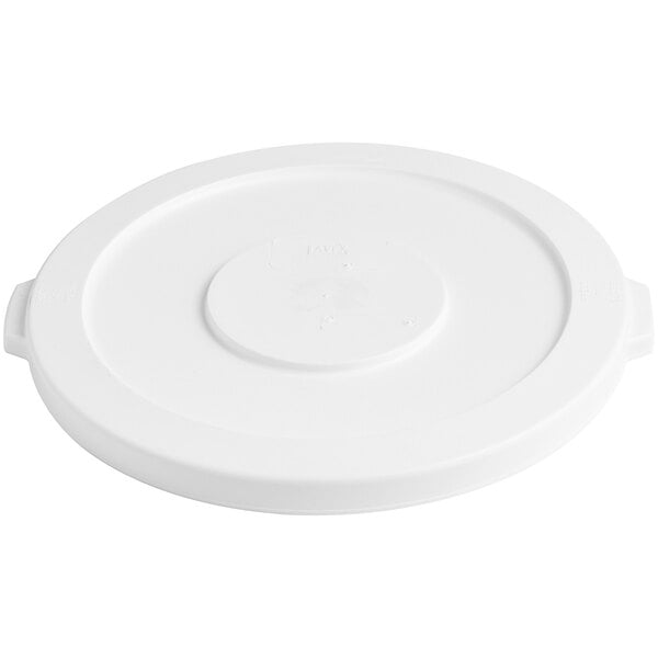 A white plastic lid for a Lavex 32 gallon round commercial trash can.