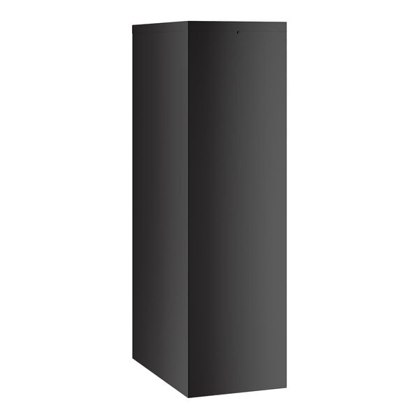 A black four-drawer vertical letter file cabinet measuring 15 inches by 25 inches by 52 inches.
