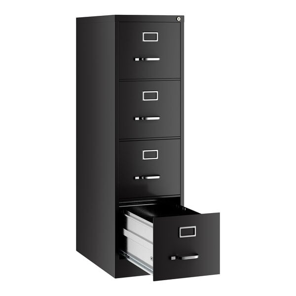 A black four-drawer vertical letter file cabinet with one drawer open.
