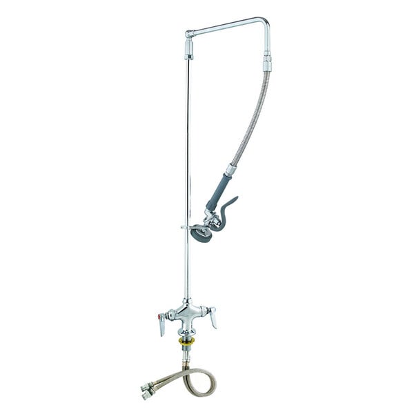 A T&S pre-rinse faucet with a flex hose attached to a metal pipe.