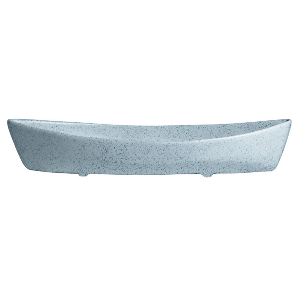 A white rectangular G.E.T. Enterprises Bugambilia aluminum boat with a blue rim.