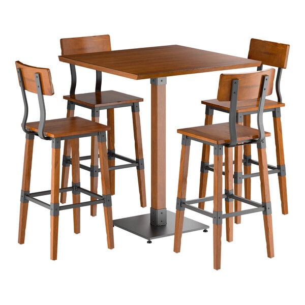 Lancaster Table & Seating Industrial 36" Square Rustic Walnut Finish Solid Wood Live Edge Bar Height Table with 4 Bar Stools