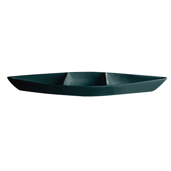 A forest green rectangular aluminum boat with dividers.