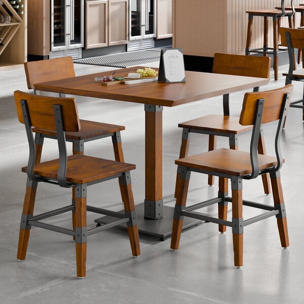 Lancaster Table & Seating Industrial 36" Square Rustic Walnut Finish Solid Wood Live Edge Standard Height Table with 4 Chairs