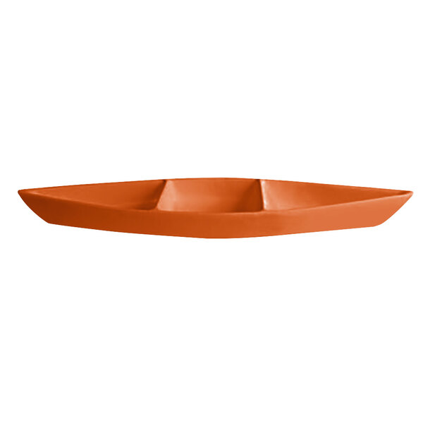A G.E.T. Enterprises tangerine rectangular aluminum boat with three sections.