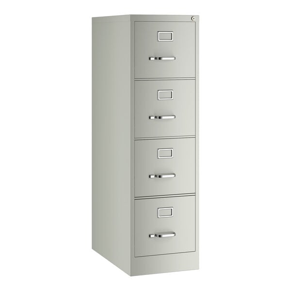 A gray four-drawer vertical letter file cabinet.