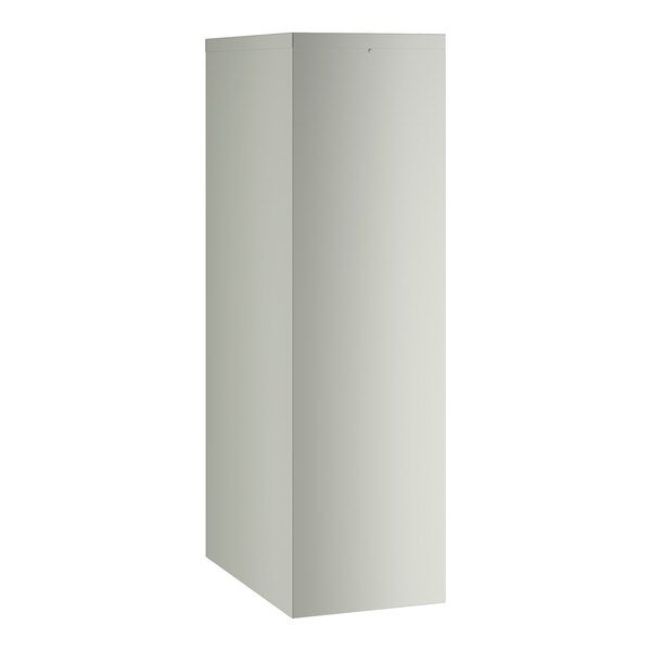 A tall, gray, four-drawer vertical letter file cabinet.