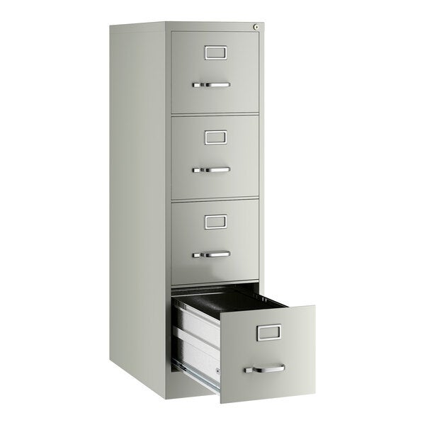 A gray four-drawer vertical letter file cabinet with one drawer open.