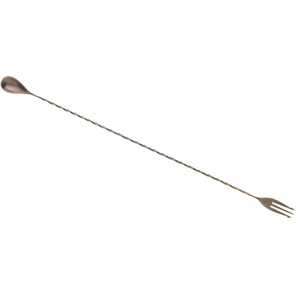 An antique copper-plated Barfly stainless steel bar spoon with a fork on the end.