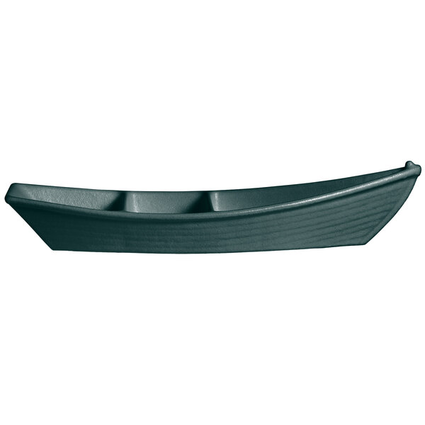 A close-up of a G.E.T. Enterprises forest green resin-coated aluminum boat with dividers.