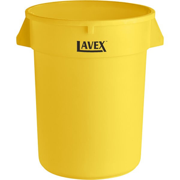 A yellow plastic bin with black text that reads "Lavex"