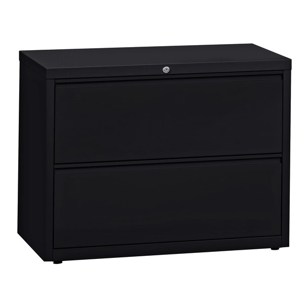 A black Hirsh Industries two-drawer lateral file cabinet.