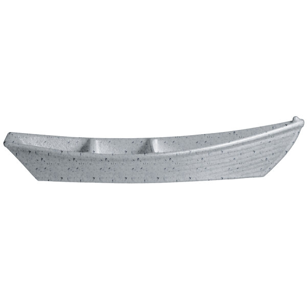 A G.E.T. Enterprises deep boat with dividers in white resin-coated aluminum with black specks.