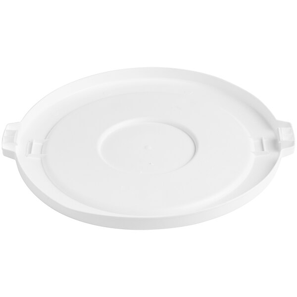 A white plastic lid for a Lavex 44 gallon round trash can with a handle.