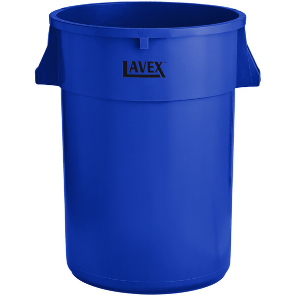 A blue plastic Lavex commercial trash can with handles.