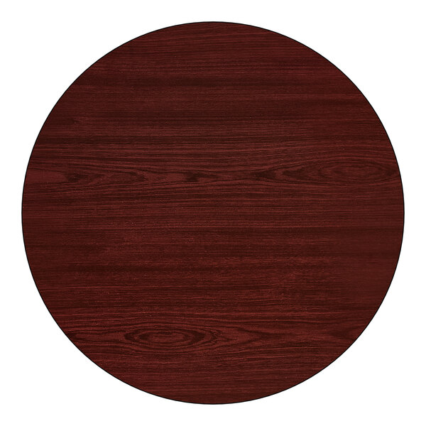 A round, reversible cherry and black bar height table top with a wood grain finish, shown from above.