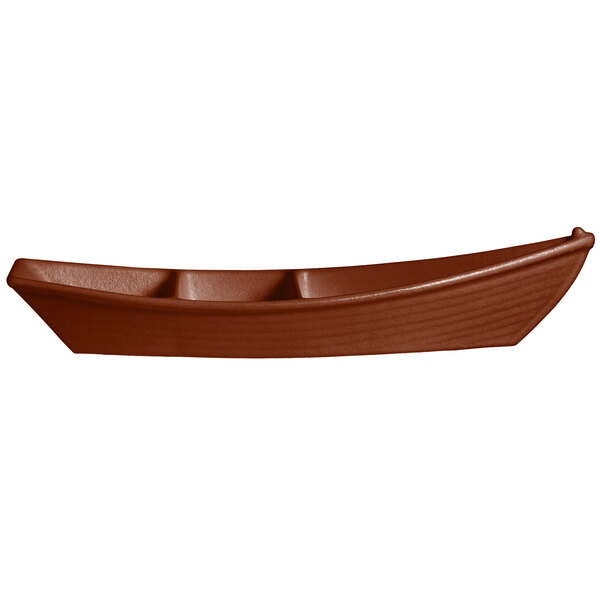 A brown resin-coated aluminum deep boat with dividers.