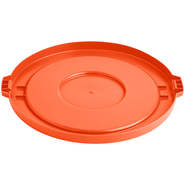 An orange plastic lid for a Lavex 32 gallon commercial trash can.