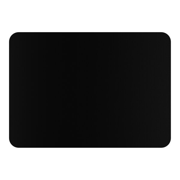 A rectangular black bar height table with rounded corners and a reversible top.