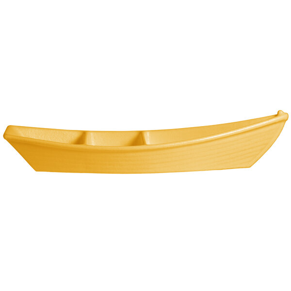 A yellow G.E.T. Enterprises deep boat with dividers on a white background.