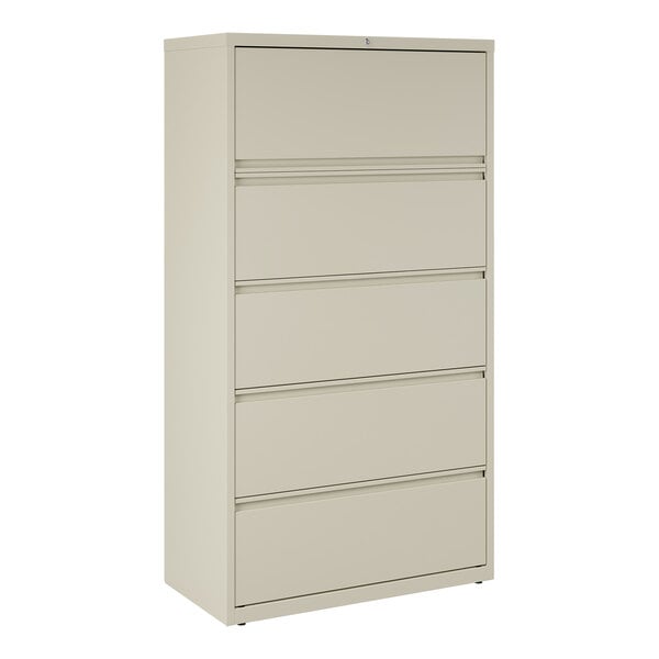 A putty-colored five-drawer lateral file cabinet with roll-out binder storage.