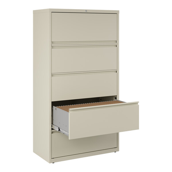 A beige five-drawer lateral file cabinet with one drawer open, designed for office storage and organization.