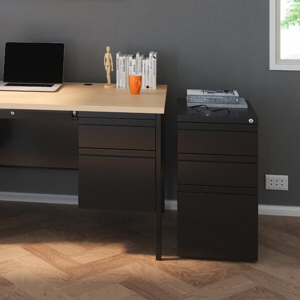 Hirsh 18575 Black Mobile Pedestal Letter File Cabinet with 2 Box Drawers and 1 File Drawer - 15" x 19 7/8" x 27 3/4"