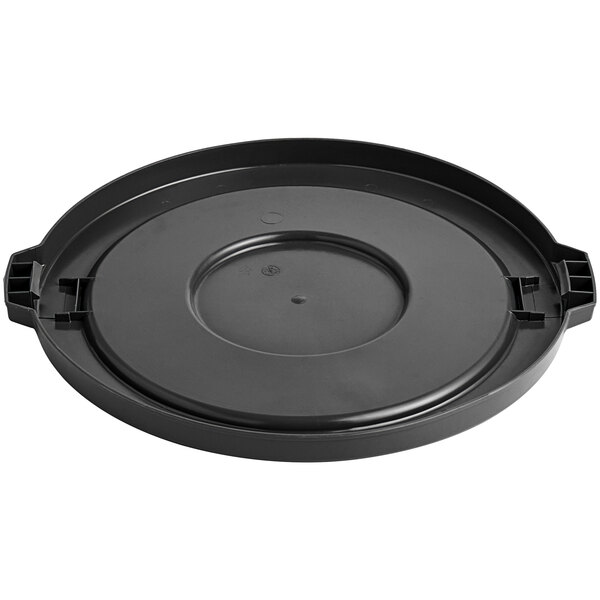 A black plastic lid for a Lavex round commercial trash can with a circular hole.