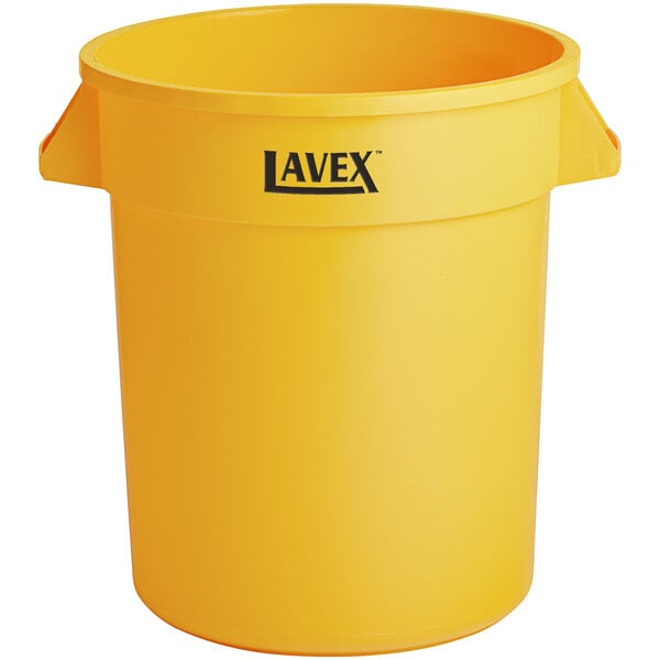 A yellow plastic trash can with black text reading "Lavex" and a handle.