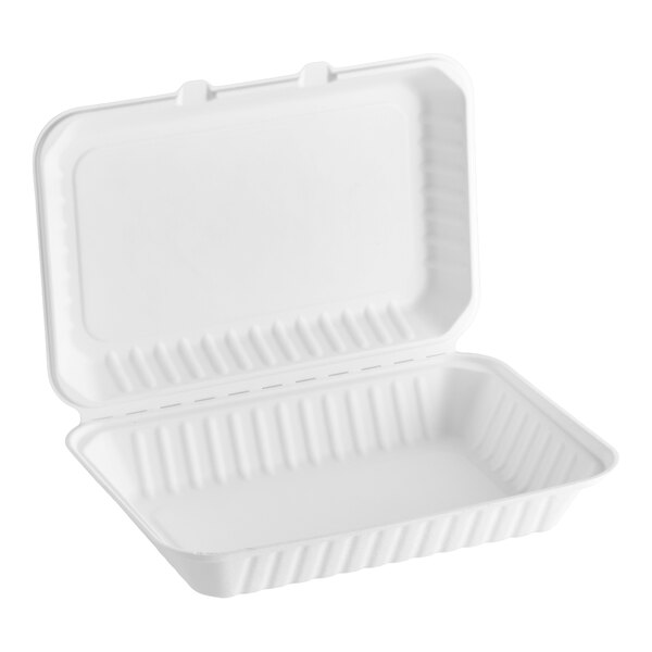 A white, rectangular, single-compartment take-out container made from plant fiber.