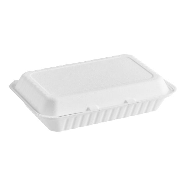 A white rectangular plant fiber take-out container with a hinged lid and one compartment.