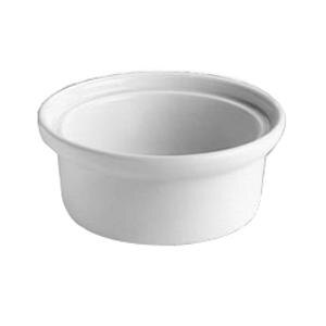 A white Hall China casserole dish with a white lid.