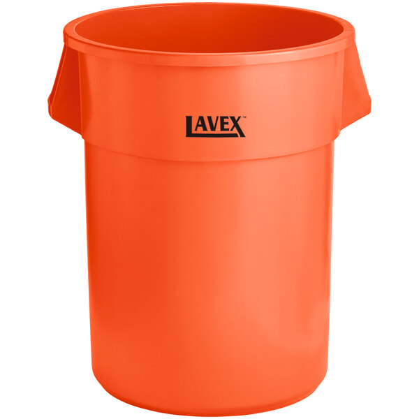 An orange plastic trash can with the word Lavex on it.
