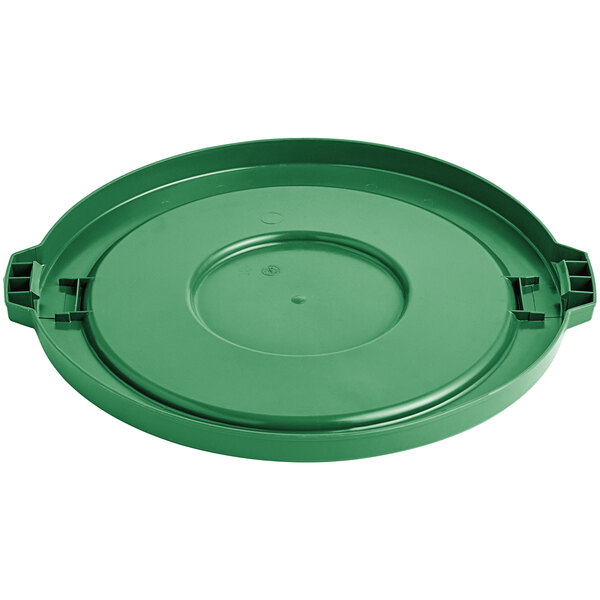 A green plastic lid for a Lavex commercial trash can with a green circle.