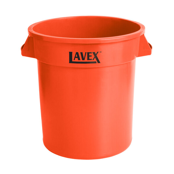 An orange Lavex round commercial trash can with black text.